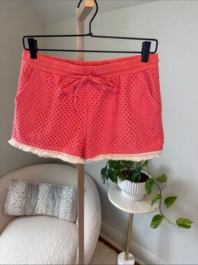 miami Coral Eyelet Fringe Elastic Drawstring Women's  Shorts